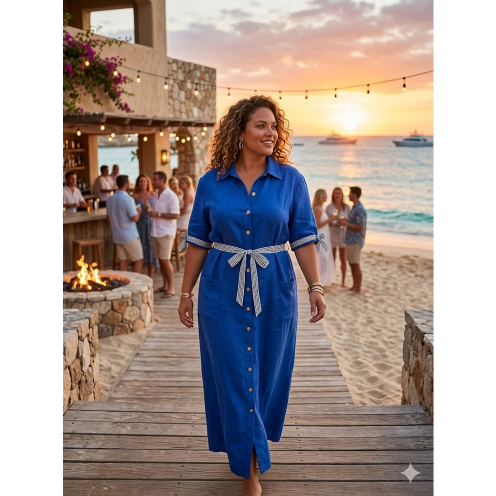Melissa Harper Blue Linen Rayon Maxi Dress 22W